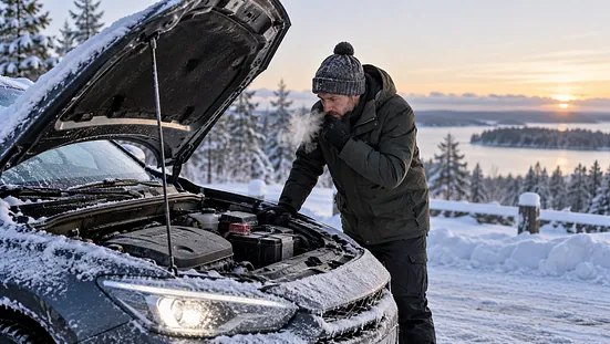 Vinterstopp vid den snötäckta sjön