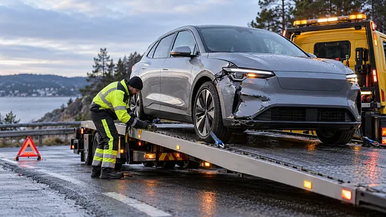 Elbil bärgas i vinterlandskap