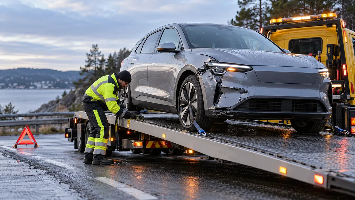 Elbil bärgas i vinterlandskap
