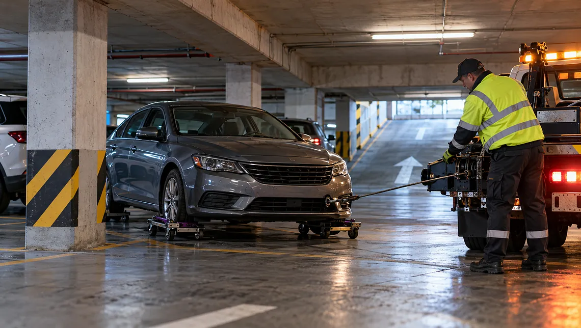 Bärgningsarbete i underjordiskt garage